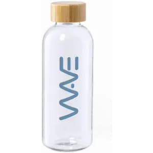 A drink bottle made of clear glass with a bamboo lid and a blue logo.
