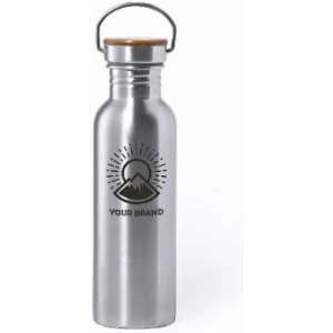 A drink bottle made of stainless steel with a wooden lid and a logo featuring a mountain design.