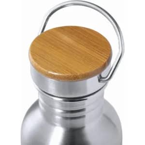 A drink bottle featuring a silver body and a bamboo lid with a metal handle.