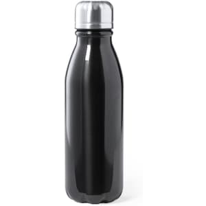 A drink bottle in sleek black with a metallic silver lid, featuring a logo on its surface.