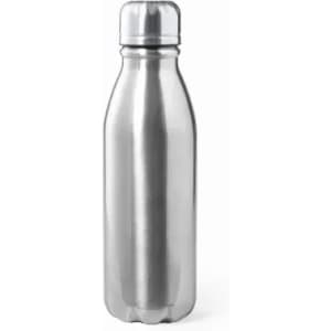 A drink bottle in a sleek, silver stainless steel design with a rounded base and a screw-on cap.