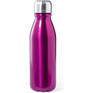 A drink bottle in a glossy pink finish with a silver metal cap, featuring branding on the surface.