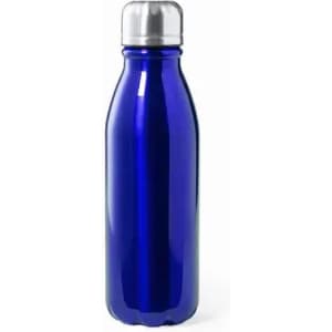 A drink bottle in shiny blue with a stainless steel cap and a sleek design. It features a logo.