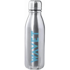 A drink bottle with a sleek silver finish and a light blue logo on the front.