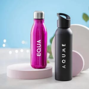 A drink bottle in pink and a black bottle, both featuring a logo, set against a blue background with light accents.