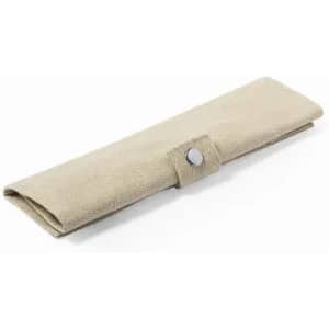 A beige roll-up pouch made of fabric, featuring a snap button closure and a simple design. It has a logo on it.