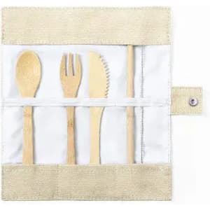 A reusable cutlery set featuring a bamboo spoon, fork, knife, and straw, all housed in a beige fabric pouch.