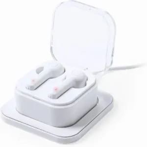 A pair of white wireless earbuds in a clear charging case on a white base.