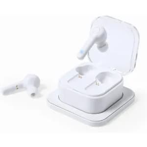 A set of white wireless earbuds in a charging case, with one earbud placed outside the case. The case has a logo.