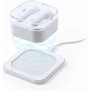 A wireless earbud charging case in white with wireless charging pad beneath it, featuring a transparent lid.