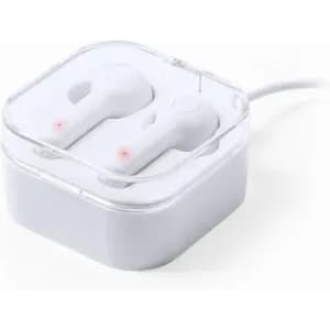 A pair of white wireless earbuds in a clear case, with a white charging cable attached.