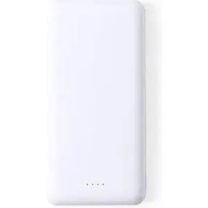 A white portable charger with indicator lights and a sleek design, featuring a logo.