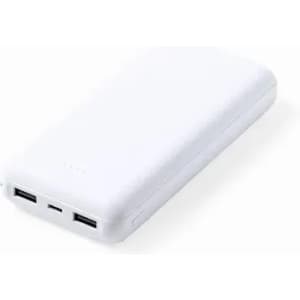 A portable charger in white with multiple USB ports and a sleek design. It features a simple, modern appearance.