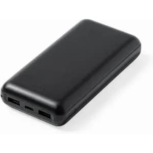 A black power bank with multiple ports and a smooth finish, featuring an indicator light and a logo.