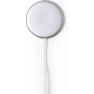 A sleek silver magnetic charging pad with a white cable attached. Features a simple design with no visible branding.