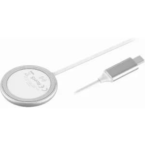 A wireless charger in silver with a USB-C connector and a circular charging pad.