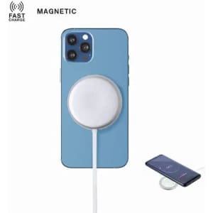 A phone with a light blue case attached to a white magnetic wireless charger, featuring a sleek design.