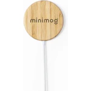 A drink bottle with a round bamboo lid and a white stem, featuring a logo on the lid.
