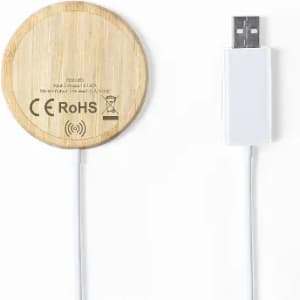 A round wooden wireless charger with a white USB cable attached. The charger features a logo on its surface.