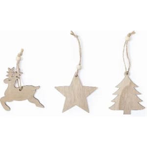 Three wooden Christmas ornaments: a reindeer, a star, and a Christmas tree, all on twine hangers with beads.