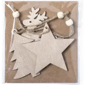 Three wooden Christmas decorations in the shapes of a tree, star, and reindeer, tied with twine and presented in a plastic pouch.