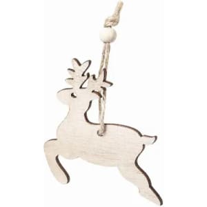 A wooden reindeer ornament with a natural finish, featuring antlers and a hanging twine loop.