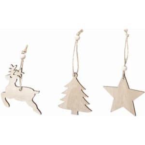 Three wooden ornaments in the shapes of a reindeer, a Christmas tree, and a star, each with a twine hanging loop.