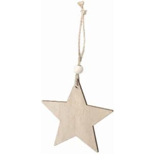 A wooden star shaped decoration in a light colour, featuring a twine string and a bead at the top.