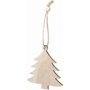 A wooden tree-shaped ornament with a natural finish and a twine loop for hanging.