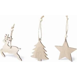 Decorative wooden ornaments in the shapes of a reindeer, tree, and star, each with a twine loop for hanging.