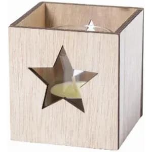 A wooden candle holder with a star cut-out design, featuring a glass insert for a tea light candle.