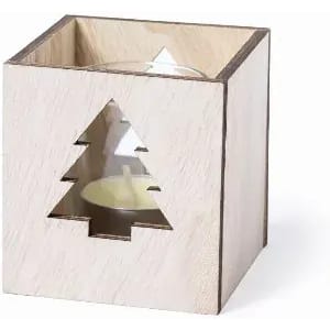 A wooden candle holder featuring a decorative cut-out of a Christmas tree, holding a tea light candle inside.