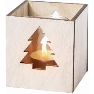 A wooden candle holder with a Christmas tree cut-out, featuring a lit tealight inside.