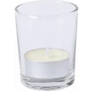 A glass candle holder containing a white tealight candle, with a simple, elegant design.