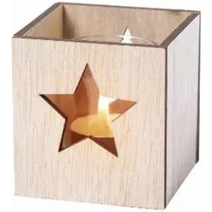 A candle holder made of light wood with a star-shaped cutout, showcasing a candle inside.