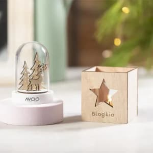 A decorative snow globe featuring a wooden reindeer and trees, beside a wooden cube with a star cutout.