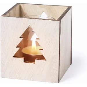 A wooden tealight holder with a Christmas tree cut-out, featuring a glowing candle inside.
