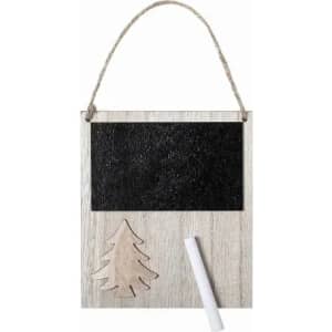 A wooden wall sign featuring a chalkboard section, a carved tree design, and a hanging rope.