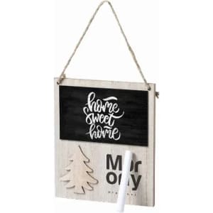 A decorative wooden sign featuring the phrase "Home Sweet Home" with a tree design and a blank chalkboard section.