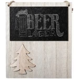 A decorative wooden sign featuring the word "BEER" and "LAGER" on a black chalkboard background, with a carved tree design.