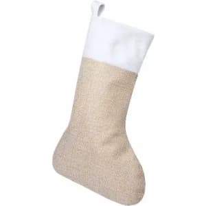 A Christmas stocking in beige and white, featuring a textured design and a hanging loop.