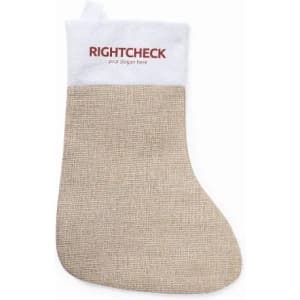 A beige Christmas stocking with a white top, featuring a logo at the top.