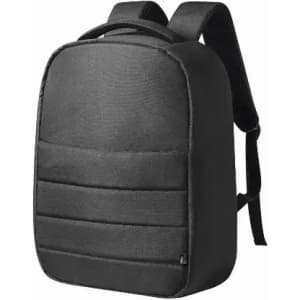 A backpack in black, featuring a padded exterior and adjustable shoulder straps. It has a sleek, minimalist design.
