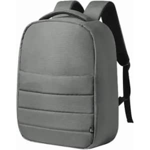 A grey backpack with a padded front, adjustable straps, and a structured design. It features a logo on the side.
