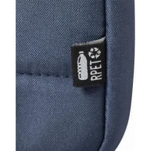 A drink bottle in navy blue with a logo tag indicating it is made from recycled materials.