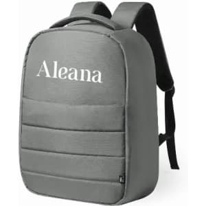 A grey backpack with a padded front, featuring a logo on the front and adjustable straps at the back.