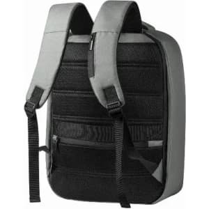 A backpack in grey and black featuring padded straps and a textured back panel. It has a zippered pocket and a logo.