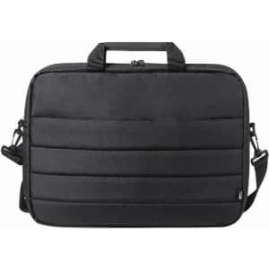 A black laptop bag with a padded exterior, featuring a handle and an adjustable shoulder strap. It has a simple design.