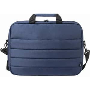 A navy blue laptop bag featuring a padded design, dual handles, and a detachable shoulder strap. It has a logo.