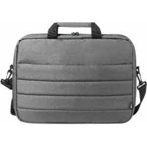 A grey laptop bag with a textured design, featuring a handle and adjustable strap. It has a logo on the front.